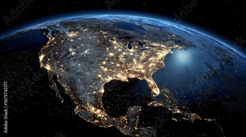 Earth seen from space at night highlighting urban lights across North America
