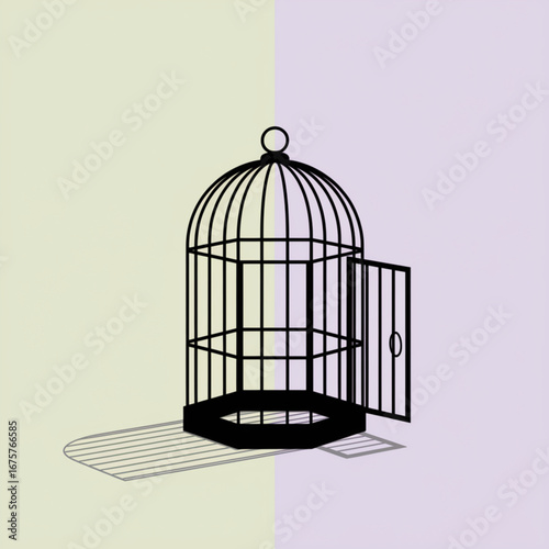 Open birdcage vector minimalist design freedom concept art