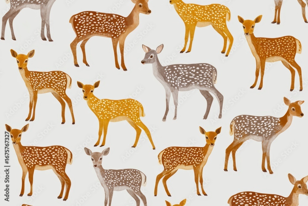 Obraz premium A repeating pattern of stylized deer with varied coat colors white spots against a white background