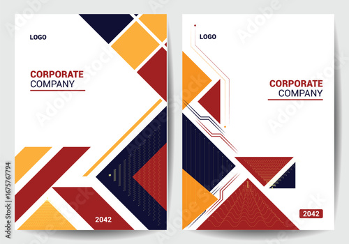 Corporate brochure covers with geometric abstract elements and text placeholders