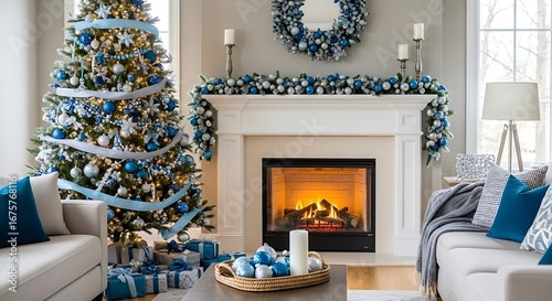 Christmas Decorated Living Room with Fireplace.