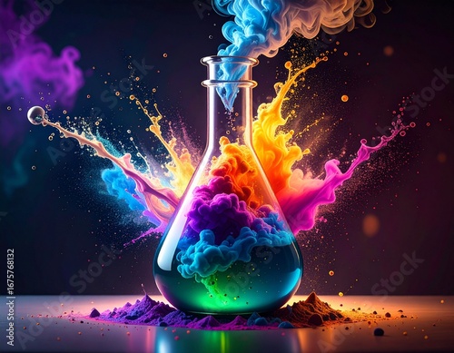 Colorful chemical reaction in Erlenmeyer flask producing vibrant smoke during a chemistry lab experiment, ideal for science and education design