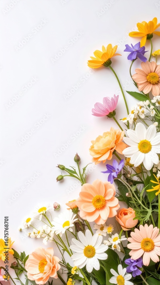 Fototapeta premium a beautiful array of colorful flowers blossoming, against a light-toned backdrop. A natural beauty with vibrant blooms, evoking a sense of freshness and serenity.