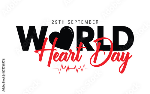 Vector art of world heart day 29th september text with heart and pulse