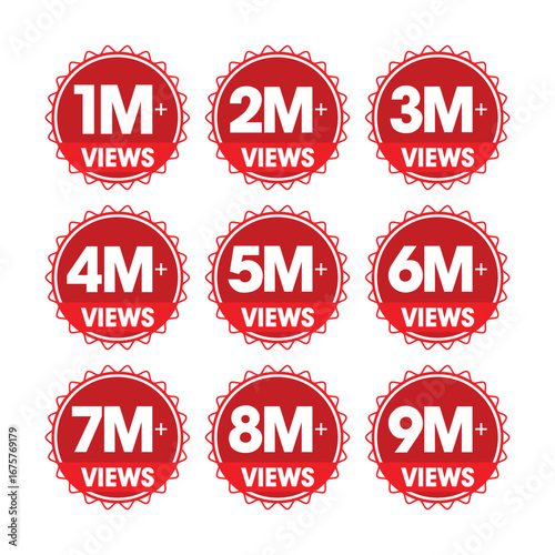 Vector art of collection of red circular badges showing view counts from 1m to 9m
