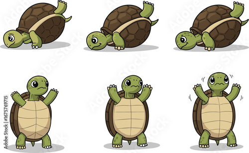 Cute cartoon turtle struggling to flip over and waving, funny slow animal vector illustration for kids and education