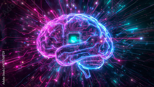 Futuristic Neon Glowing Brain – Artificial Intelligence, Neural Networks and Digital Technology Concept