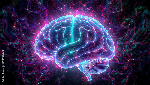 Futuristic Neon Glowing Brain – Artificial Intelligence, Neural Networks and Digital Technology Concept