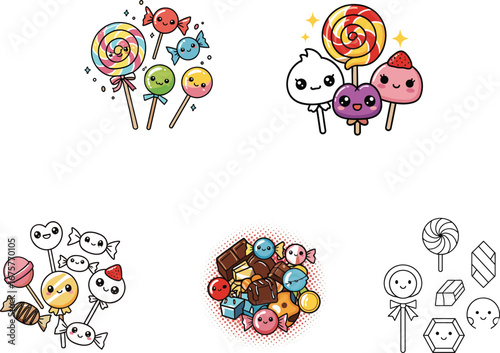 Colorful Candy, Lollipops, Chocolate, Sweets, and Cute Cartoon Characters in Fun, Kawaii-Style Design for Sweet Treat Illustrations