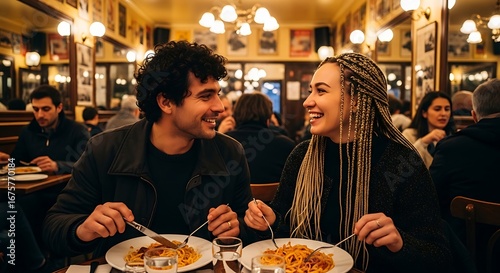 Couple enjoying pasta dinner at restaurant.