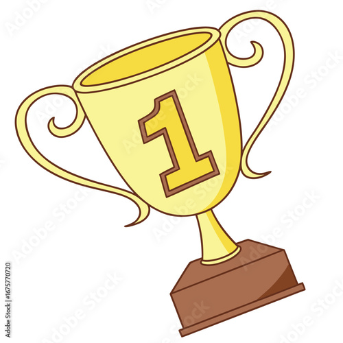 A gold trophy with a brown base. It has a large number 1 on the front and two stylized handles on the sides. The overall style is simple and cartoon-like, with a thick, dark outline.