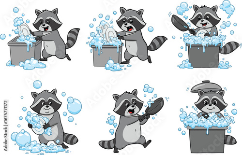 Funny cartoon raccoons washing dishes with soap and bubbles, cute animals cleaning kitchenware, playful hygiene illustration for children and education