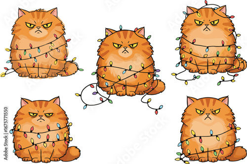 Grumpy Christmas cat tangled in holiday lights, funny angry orange cats with festive decorations, humorous holiday pet illustration for greeting cards