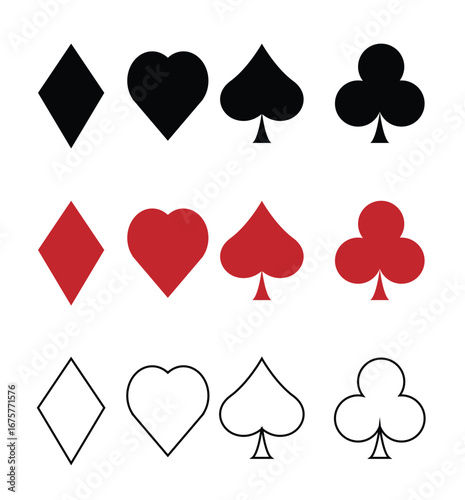Card Game Signs Set Different Colors and Outline Isolated. Gaming and entertainment industry signs vector art