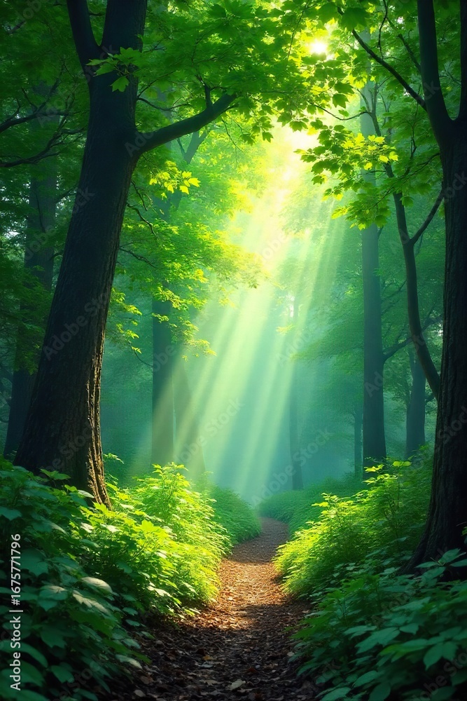 Fototapeta premium Lush green canopy in a vibrant forest, sunlight dappling through leaves, creating a tranquil and serene atmosphere Perfect for nature, environmental, and travel themes , ecology, jungle, organic