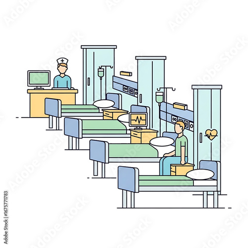 Hospital ward with multiple patient beds.