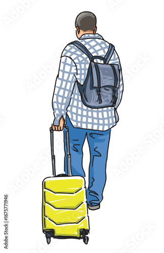One tourist man in plaid shirt with suitcase, backpack, casual pedestrian going in trip, realistic sketch vector hand drawn illustration on white background
