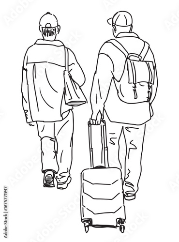 Two tourists men with suitcase, backpack, casual pedestrian going in trip, realistic sketch, vector, contour hand drawn illustration on white
