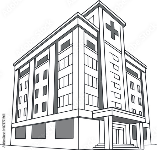 Vector art of architectural drawing of a modern hospital building with a cross symbol