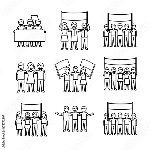 Diverse Group Line Art Illustration Protesting Together