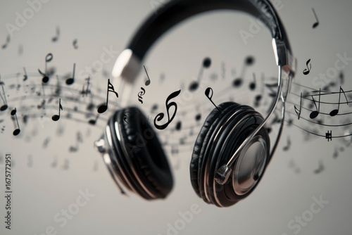 Headphones are surrounded by floating musical notes The background is plain