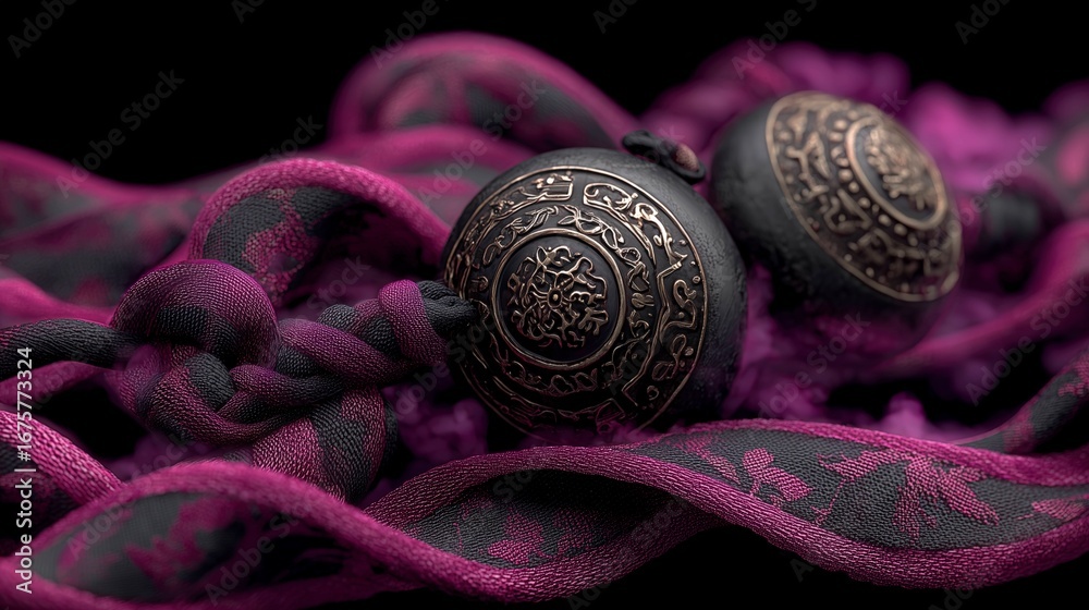 Obraz premium A close-up of intricately designed metallic elements entwined with rich purple fabric, showcasing cultural artistry and craftsmanship.
