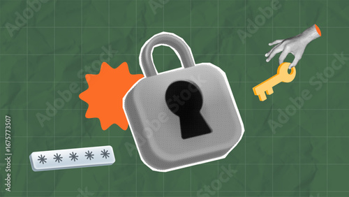halftone collage Digital security showing padlock, password, and hand holding key. login safety, data encryption, and online account protection