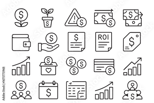Flat outline money and economy icon collection