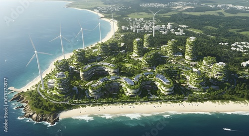 A serene aerial view of a futuristic coastal eco-city with solar rooftops, vertical gardens, and wind turbines blending into natural landscapes