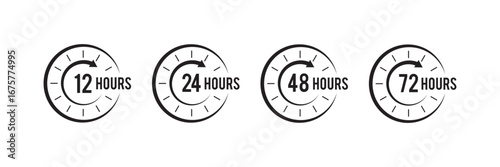 Large Arrowed Timeline Clocks. black horizontal set of four open clocks.  four clocks with arrowed progress. 12, 24, 48 and 72 hours icon. Symbol work time, delivery and service time vector . 