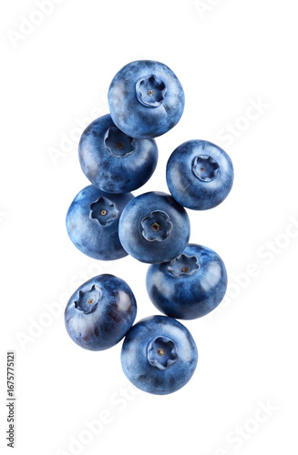 Stack of fresh organic blueberries against a clean white background backdrop