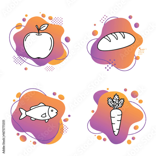 Simple line art food icons, featuring an apple, bread, fish, and a carrot, are vividly filled with abstract, colorful background splashes.
