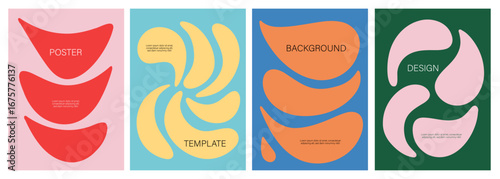 Modern Abstract Shapes Poster Design Background. Summer Vector Set Cover Template Pink, Yellow, Blue, Orange Red and Green Art for Covers, Flyers, Brochures, Social Media and Banners. 