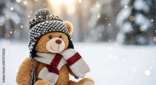 Cute teddy bear wearing hat and scarf in snowy winter landscape.