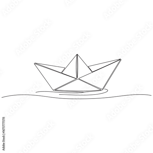 Continuous line drawing reveals paper ship floating calmly on gentle waves with transparent background