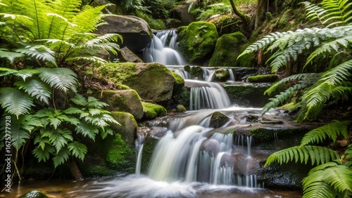 Cascading Waterfall Flowing Through Lush Green Ferns and Moss-Covered Rocks in Nature