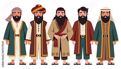 Illustration of diverse bearded men in traditional clothing, showcasing cultural styles