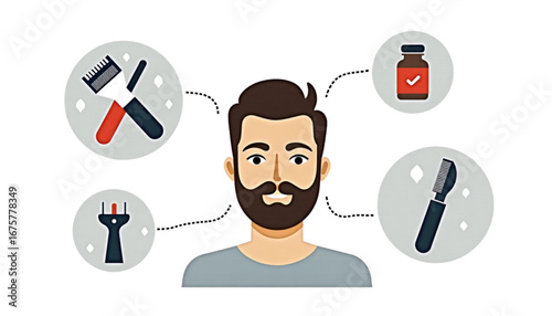 Illustration of a bearded man surrounded by grooming tools and products, health and style concept