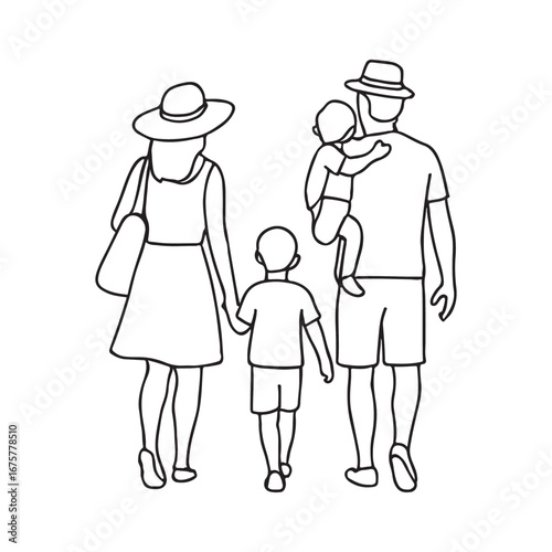 Line depicts a family walking away from viewer with transparent background shown