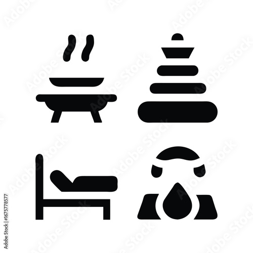 Set of four simple black icons representing spa and relaxation elements