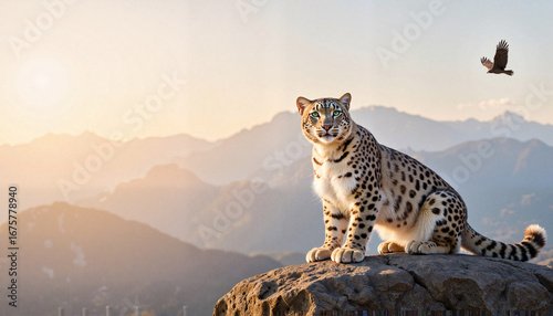 Snow leopard with calm demeanor sitting on rocky peak against mountainous sunset backdrop  