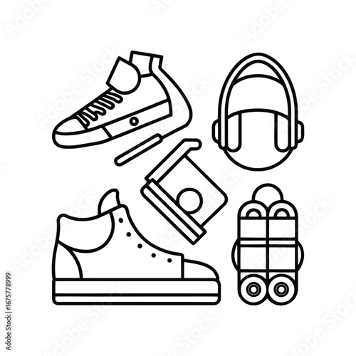Collection of flat design icons for shoes headphones and other accessories