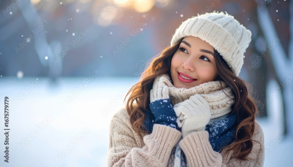 A young woman in winter clothes looks up smiling while it snows, embracing the cold weather