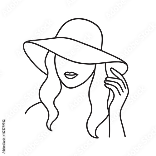 Line art of a woman adjusting her sunhat with flowing hair on transparent background