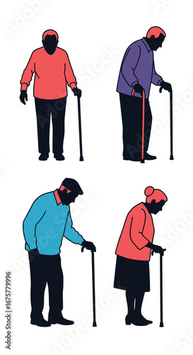 Illustrations of elderly people standing with walking sticks supporting mobility and independence in daily life
