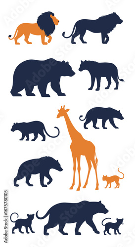 Diverse collection of wild animal silhouettes featuring lions bears giraffes and felines in various poses