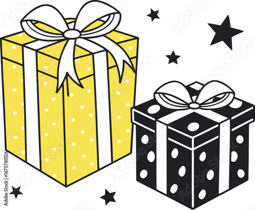 Vector art of two gift boxes, one yellow with polka dots and one black with polka dots, tied with white ribbon