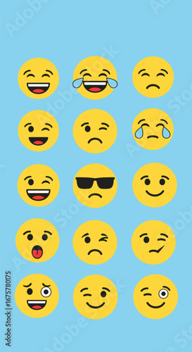 A collection of expressive yellow faces conveying a spectrum of human emotions and reactions