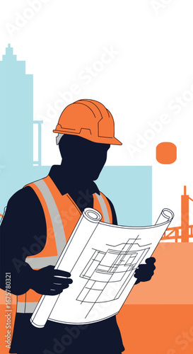 Blueprint of success experienced construction professional analyzing detailed building plans on site surrounded by cityscape elements