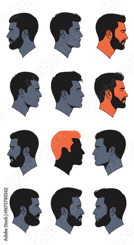 Diverse male hairstyles and beard styles presented in profile views capturing different grooming preferences